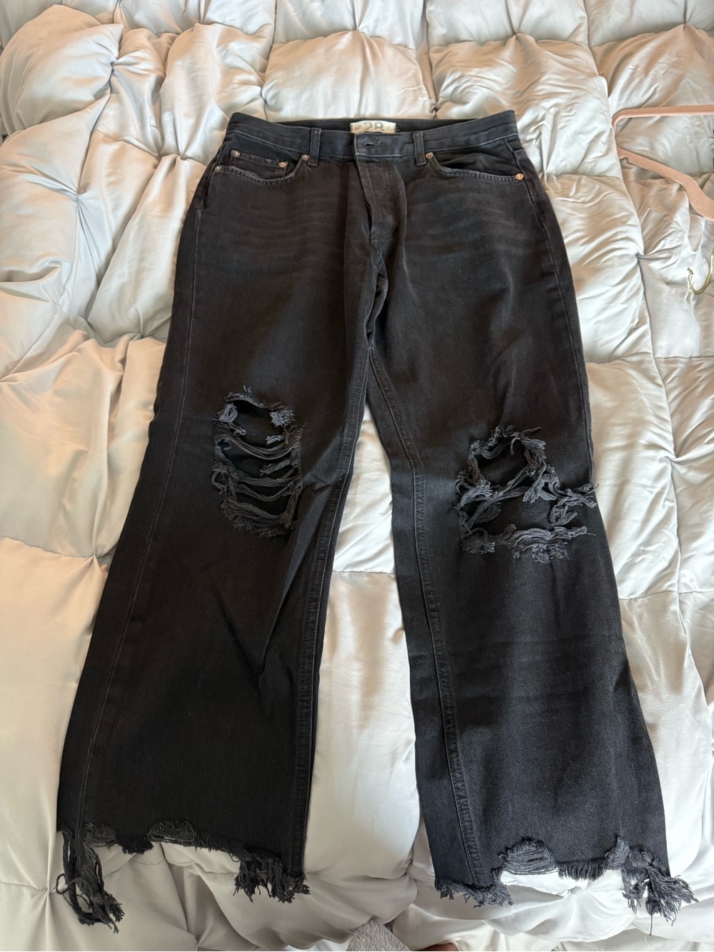 Free People Black Distressed Wide-Leg Jeans